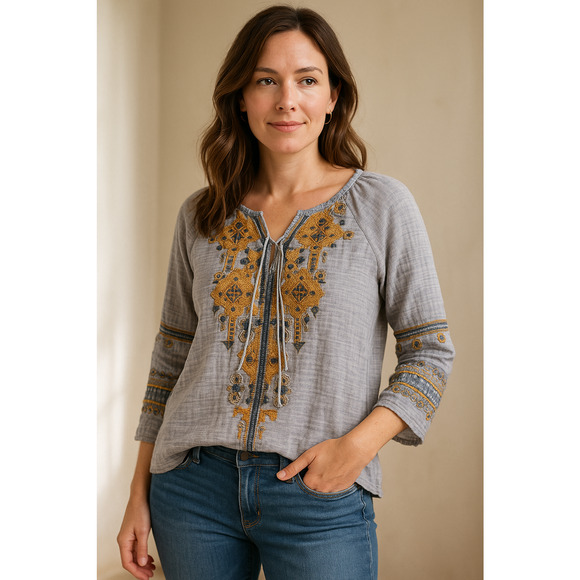 Johnny Was Chambray Floral Embroidered Top Bell Sleeve Boho Size Large Women's - Picture 1 of 14